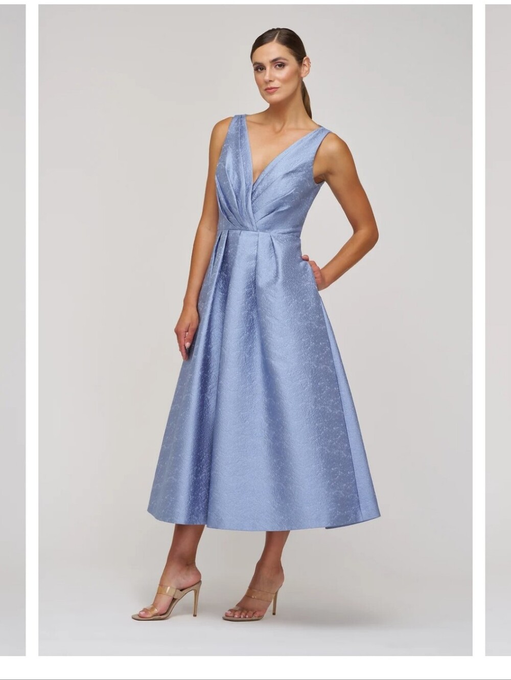 Nwt 16 Size $358 Kay Unger Light Blue Olivia Tea Length Dress V-Neck - Picture 7 of 17